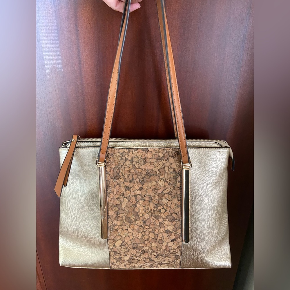 Sondra Roberts Squares Light Gold Purse with Cork front Panel & Metallic Accents